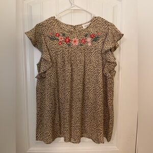 Heyson Cheetah Print with Floral Embroidered Neckline Top
